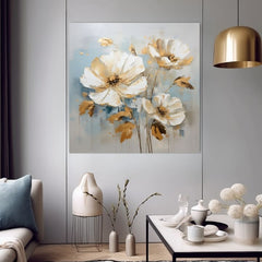 Индустриска слика на платно со мотив Symfónia elegancie, цвеќиња, макови, листови, пејзаж во бело-беж нијанси, мирна атмосфера, погоден за ходник – производ