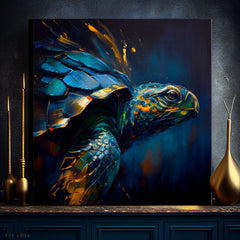 Поп арт слика на платно со мотив PREMIUM ART - Green Turtle Odyssey, океан, пејзаж, природа во сино-златно нијанси, мирна атмосфера, погоден за дневна соба – производ