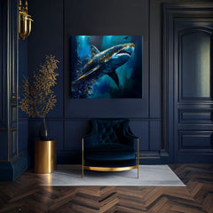 Во бохо стил слика на платно со мотив PREMIUM ART - Shark Force in Dark Water, океан, море и плажа во сино-златно нијанси, величествена атмосфера – производ, поглед 3