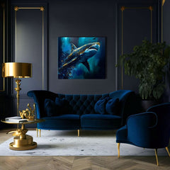 Во бохо стил слика на платно со мотив PREMIUM ART - Shark Force in Dark Water, океан, море и плажа во сино-златно нијанси, величествена атмосфера – производ, поглед 2