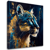 Арт деко слика на платно со мотив PREMIUM ART - Silent Puma's Gaze, пејзаж, природа во сино-златно нијанси, величествена атмосфера, погоден за работна соба – главна