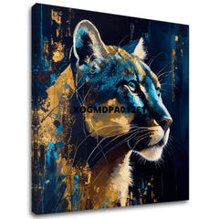 Арт деко слика на платно со мотив PREMIUM ART - Silent Puma's Gaze, пејзаж, природа во сино-златно нијанси, величествена атмосфера, погоден за работна соба – главна