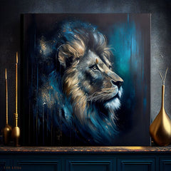 Арт деко слика на платно со мотив PREMIUM ART - Lion's Strength and Grace, лав во сино-портокалово нијанси, величествена атмосфера, погоден за канцеларија – производ