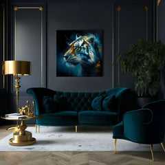 Арт деко слика на платно со мотив PREMIUM ART - Tiger's Mighty Spirit, тигар во сино-портокалово нијанси, интензивна атмосфера, погоден за канцеларија – производ, поглед 3