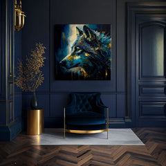 Арт деко слика на платно со мотив PREMIUM ART - Wilderness in Wolf Eyes, vlk во сино-златно нијанси, интензивна атмосфера, погоден за работна соба – производ, поглед 2