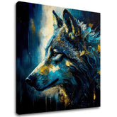 Арт деко слика на платно со мотив PREMIUM ART - Wilderness in Wolf Eyes, vlk во сино-златно нијанси, интензивна атмосфера, погоден за работна соба – главна