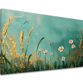 Рачно насликана слика на платно со мотив Selénin dotyk во тиркизно-златно нијанси, мирна атмосфера, природа и пролетна атмосфера | Слика Selénin dotyk – главна