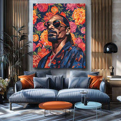 Модерна слика на платно со мотив Snoop Dogg - Ikona rapovej scény, цвеќиња во портокалово нијанси | Слика Snoop Dogg - Ikona rapovej scény – производ