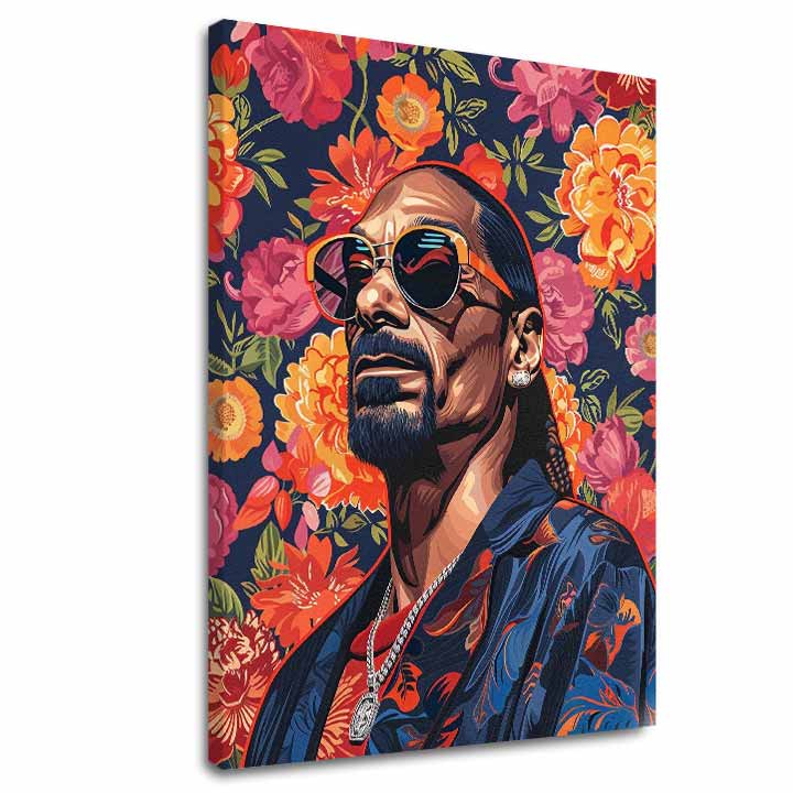 Модерна слика на платно со мотив Snoop Dogg - Ikona rapovej scény, цвеќиња во портокалово нијанси | Слика Snoop Dogg - Ikona rapovej scény – главна