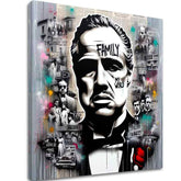 Во бохо стил слика на платно со мотив The Godfather - Mafiánsky Boss, мапа во бело-сиво нијанси, сила и моќ и филмски свет, погоден за канцеларија – главна