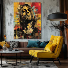 Модерна слика на платно во жолто-црно нијанси, рок и рол и музичка историја | Kurt Cobain na платно - Hudobná revolúcia – производ