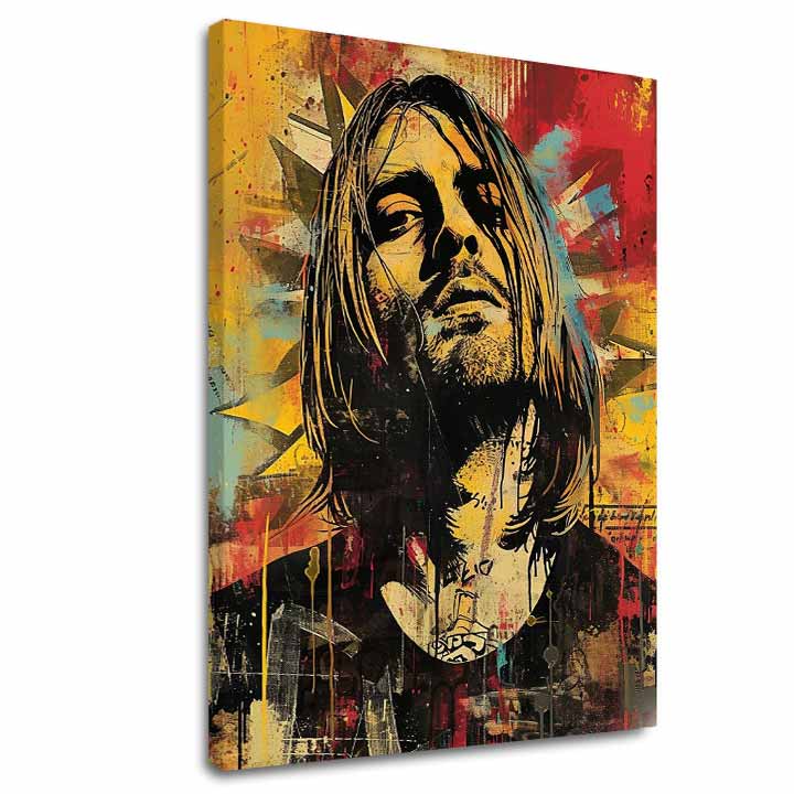 Модерна слика на платно во жолто-црно нијанси, рок и рол и музичка историја | Kurt Cobain na платно - Hudobná revolúcia – главна
