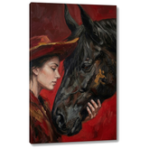 Модерна слика на жена со коњ на платно — 3D визуелизација на canvas со видлива дрвена рамка, Papilora.