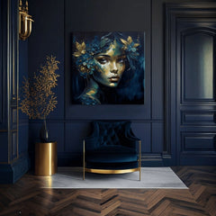 Арт деко слика на платно со мотив Feminine Grace in Motion, цвеќиња, пеперутки, златни акценти, природа во сино-зелено нијанси, погоден за работна соба – производ, поглед 3