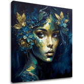Арт деко слика на платно со мотив Feminine Grace in Motion, цвеќиња, пеперутки, златни акценти, природа во сино-зелено нијанси, погоден за работна соба – главна