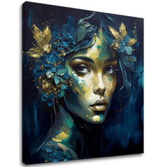 Арт деко слика на платно со мотив Feminine Grace in Motion, цвеќиња, пеперутки, златни акценти, природа во сино-зелено нијанси, погоден за работна соба – главна