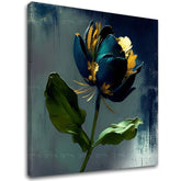 Индустриска слика на платно со мотив Garden's Vibrant Heartbeat, цвет, лалe, листови, пејзаж во сино-сиво нијанси, елегантна атмосфера – главна
