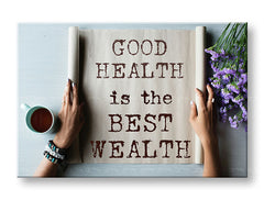 Модерна слика на платно со мотив Good health, цвеќиња, мотивациски цитат, религиозен мотив, природа во беж-кафеаво нијанси, мирна атмосфера – главна