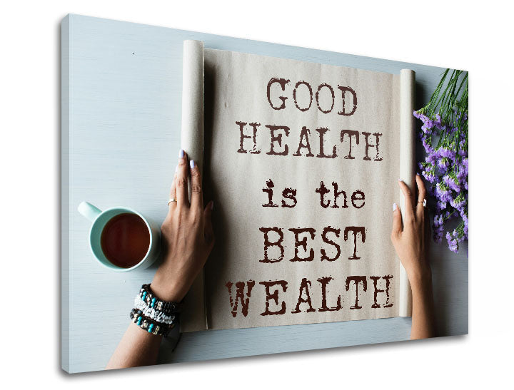 Модерна слика на платно со мотив Good health, цвеќиња, мотивациски цитат, религиозен мотив, природа во беж-кафеаво нијанси, мирна атмосфера – производ