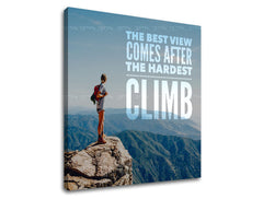 Модерна слика на платно со мотив The best view comes, небо, пејзаж, мотивациски цитат во бело-сино нијанси, охрабрувачка атмосфера, погоден за канцеларија – производ