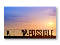 Во бохо стил слика на платно со мотив Impossible, залез на сонце, океан, пејзаж, море и плажа во виолетово-сино нијанси, инспиративна атмосфера – главна