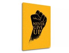 Модерна слика на платно со мотив Never give up, мотивациски цитат во црно-жолто нијанси, сила, погоден за канцеларија | Мотивациска слика за ѕид Never give up – производ