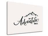 Модерна слика на платно со мотив Adventure awaits, планини, патнички мотив, мотивациски цитат, природа во бело-црно нијанси, погоден за дневна соба – производ