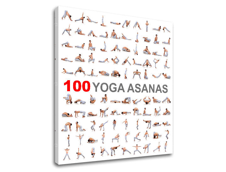 Модерна слика на платно со мотив 100 Yoga asanas, мотивациски цитат во бело-сиво нијанси, внатрешен мир | Мотивациска слика за ѕид 100 Yoga asanas – производ