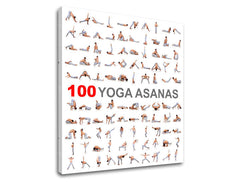 Модерна слика на платно со мотив 100 Yoga asanas, мотивациски цитат во бело-сиво нијанси, внатрешен мир | Мотивациска слика за ѕид 100 Yoga asanas – производ