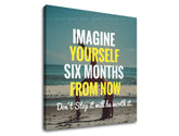 Во бохо стил слика на платно со мотив Imagine yourself, океан, плажа, море и плажа, мотивациски цитат во бело-жолто нијанси, инспиративна атмосфера – производ