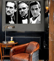 Модерна слика на платно со мотив The Godfather во црно-бело нијанси, интензивна атмосфера, семејство и сила и моќ | Најголеми МАФИЈАШИ на платно - The Godfather – производ