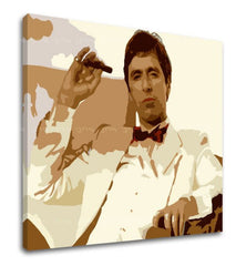 Поп арт слика на платно со мотив Tony Montana fajčiaci cigaru, природа во кафеаво нијанси, сила и моќ и криминална драма, погоден за канцеларија – производ, поглед 2
