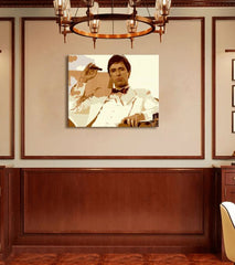 Поп арт слика на платно со мотив Tony Montana fajčiaci cigaru, природа во кафеаво нијанси, сила и моќ и криминална драма, погоден за канцеларија – производ