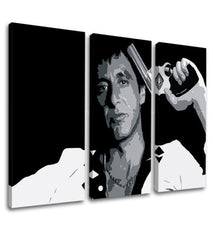 Поп арт слика на платно со мотив Tony Montana so zbraňou v ruke во бело-сиво нијанси, интензивна атмосфера, филмски свет и сила и моќ | Најголем mafiáni na платно Scarface - Tony Mon..., поглед 3