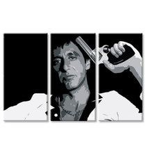 Поп арт слика на платно со мотив Tony Montana so zbraňou v ruke во бело-сиво нијанси, интензивна атмосфера, филмски свет и сила и моќ | Најголем mafiáni na платно Scarface - Tony Mon..., поглед 4