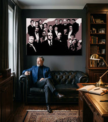 Поп арт слика на платно со мотив The Mafia family, автомобил во кафеаво-црвено нијанси закачена во ентериер на канцеларија, драматична атмосфера – ентериер