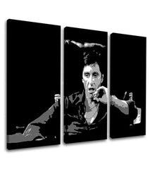 Поп арт слика на платно со мотив Tony Montana размислува nad svojim plánom, цигара во бело-црно нијанси, дрска атмосфера, филмски свет и носталгија – производ