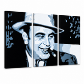 Рачно насликана POP ART слика AL CAPONE – 3D визуелизација на рачно сликана платно на бел фон. Доминантни бои: црна, сина, бела.