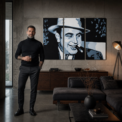 Рачно насликана POP ART слика AL CAPONE – слика во модерен машки ентериер, lifestyle визуелизација. Доминантни бои: црна, сина, бела.