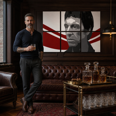 Рачно насликана поп-арт слика АЛ ПАЧИНО 6-дел al6 – слика во модерен машки ентериер, lifestyle визуелизација. Доминантни бои: црна, црвена, бела.