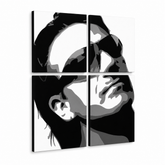 Рачно насликана ПОП-арт слика Боно-У2, 4 парчиња боно2 – 3D визуелизација на рачно сликана платно на бел фон. Доминантни бои: црна, бела, сива.