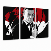 Рачно насликана ПОП-арт слика Џејмс Бонд 3 дела bond2 – 3D визуелизација на рачно сликана платно на бел фон. Доминантни бои: црна, црвена, бела.