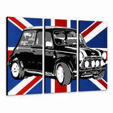 Рачно насликана поп-арт слика MINI COOPER mini2 од 3 дела – 3D визуелизација на рачно сликана платно на бел фон. Доминантни бои: црна, сина, бела.
