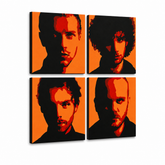 Рачно насликана ПОП-арт слика од Coldplay, 4 дела, cp2 – 3D визуелизација на рачно сликана платно на бел фон. Доминантни бои: црна, портокалова, црвена.