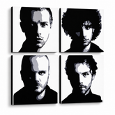 Рачно насликана ПОП-арт слика од Coldplay, 4 парчиња – 3D визуелизација на рачно сликана платно на бел фон. Доминантни бои: црна, бела, сива.