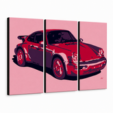 Рачно насликана ПОП-арт слика PORSCHE 911, 3 парчиња por3 – 3D визуелизација на рачно сликана платно на бел фон. Доминантни бои: црвена, розова, црна.