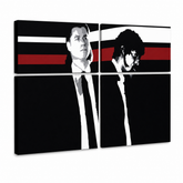 Рачно насликана ПОП-арт слика Pulp Fiction 4 парчиња пулпа – 3D визуелизација на рачно сликана платно на бел фон. Доминантни бои: црна, црвена, бела, сива, кафена.