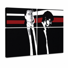 Рачно насликана ПОП-арт слика Pulp Fiction 4 парчиња пулпа – 3D визуелизација на рачно сликана платно на бел фон. Доминантни бои: црна, црвена, бела, сива, кафена.