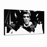 Рачно насликана ПОП-арт слика Scarface 1 дел smk – 3D визуелизација на рачно сликана платно на бел фон. Доминантни бои: црна, бела, сива.