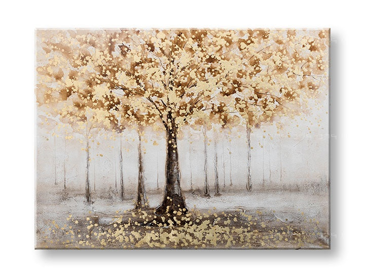 Papilora рачно насликана слика на платно ДРВО, 120x90 cm, со беж, сиви и златни тонови, прикажана во 3D перспектива на платно.